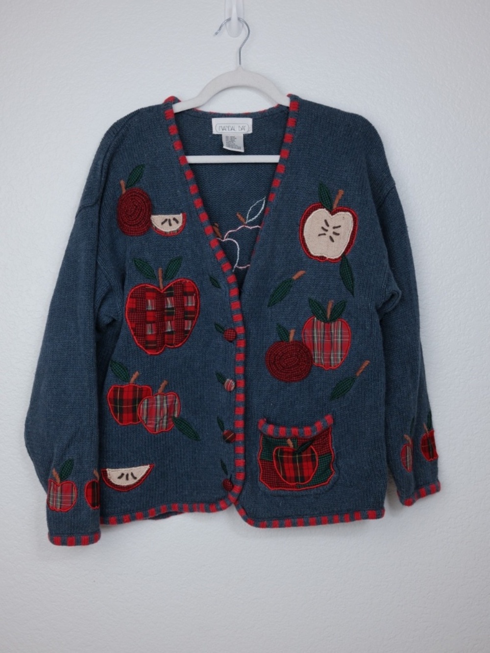 Vintage 90s Mandal Bay Apple Cardigan Women Size L Ramie Cotton Teacher Sweater